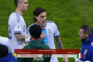 90分钟战报-十人意大利1-1波黑 巴斯托尼染红小基恩破门+失单刀