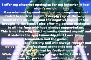 抓李镇全头发染红！米特里策向球队、球迷致歉，未直接向对手道歉