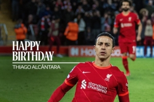 利物浦祝蒂亚戈35岁生日快乐,效力期间出战98场3球6助