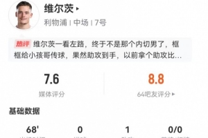 维尔茨本场2射0正1失良机 1助攻+3关键传球 4对抗1成功 获7.6分