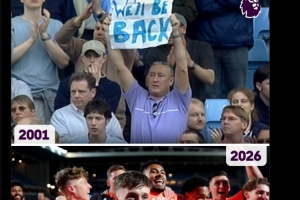 时隔25年！英超社媒晒2001年考文垂球迷标语：我们会回来的